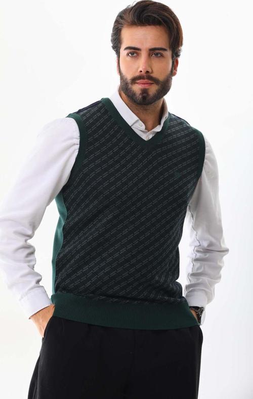 Erkek V Yaka Desenli Süveter 7623 Yeşil