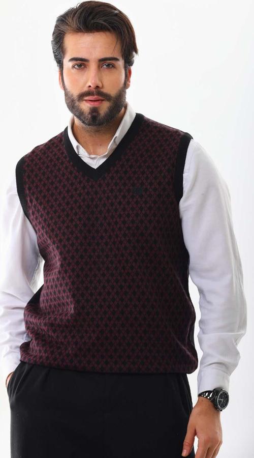 Erkek V Yaka Desenli Süveter 7627 Bordo