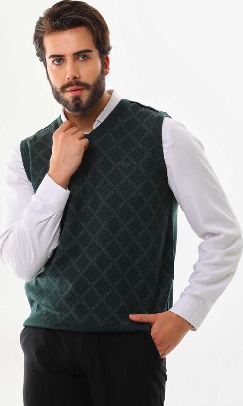 Erkek V Yaka Desenli Süveter 9614 Yeşil