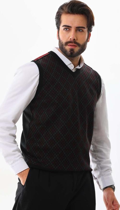 Erkek V Yaka Desenli Süveter 9614 Bordo