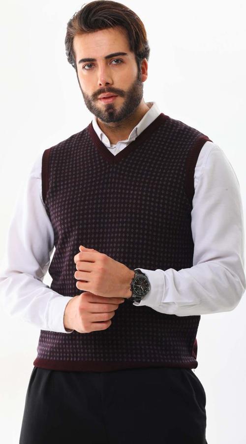 Erkek V Yaka Desenli Yün Süveter 4P17 Bordo