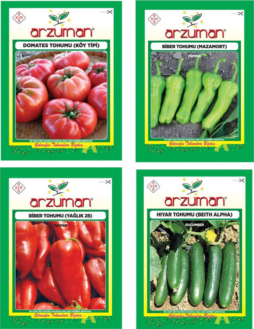 KÖY TİPİ DOMATES - MAZAMORT BİBERİ - SALATALIK BEİTH ALPHA - YAĞLIK 28 BİBER 4'LÜ TOHUM SETİ