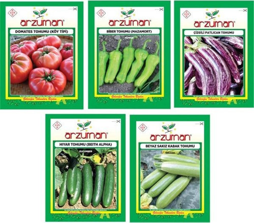 KÖY TİPİ DOMATES-MAZAMORT BİBER-ÇİZGİLİ PATLICAN-BEİTH ALPHA SALATALIK-BEYAZ DOLMA KABAK 5'Lİ SET