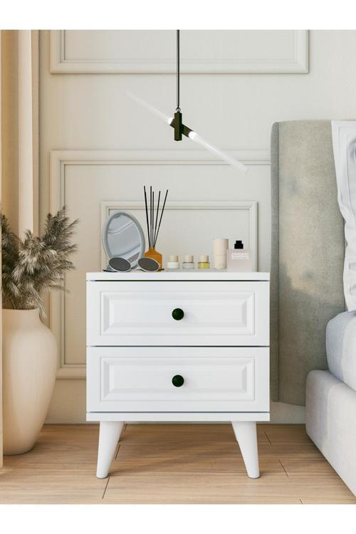 Komodin Parlak Beyaz Çekmeceli Country Komodin Yatak Odası