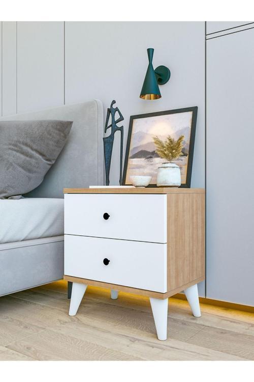 Komodin Marbella K3 Parlak Beyaz-Kahverengi Çekmeceli Ahşap Komodin Yatak Odası