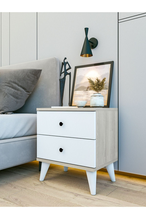 Komodin Cordoba K3 Parlak Beyaz-Kahverengi Çekmeceli Ahşap Komodin Yatak Odası