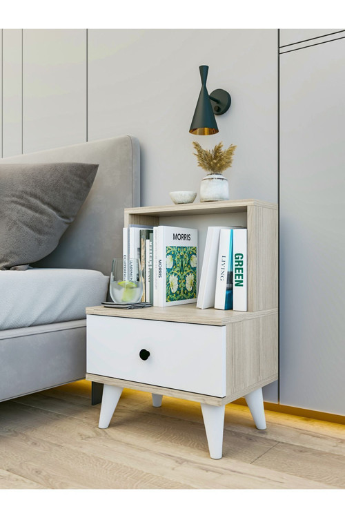 Cordoba Komodin 1 Çekmeceli Açık Raflı Country Yatak Odası Rustik 45x65 Cm