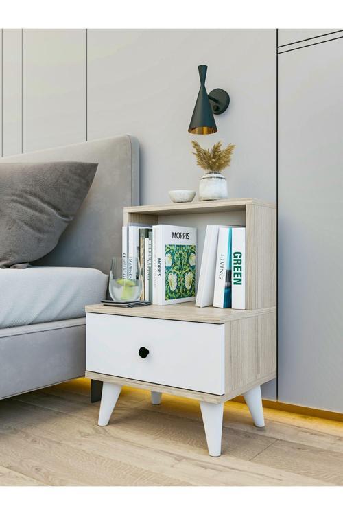 Komodin Parlak Beyaz-Cordoba Çekmeceli Raflı Komodin Yatak Odası