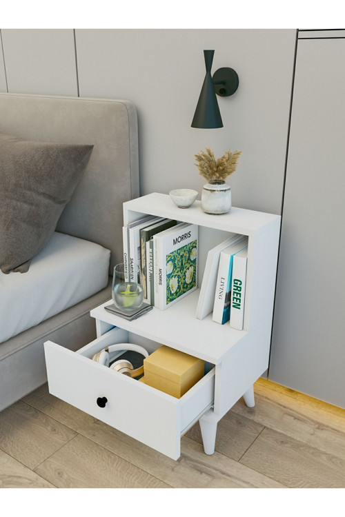 Sade Beyaz Komodin 1 Çekmeceli Açık Raflı Minimalist Yatak Odası 45x65 Cm