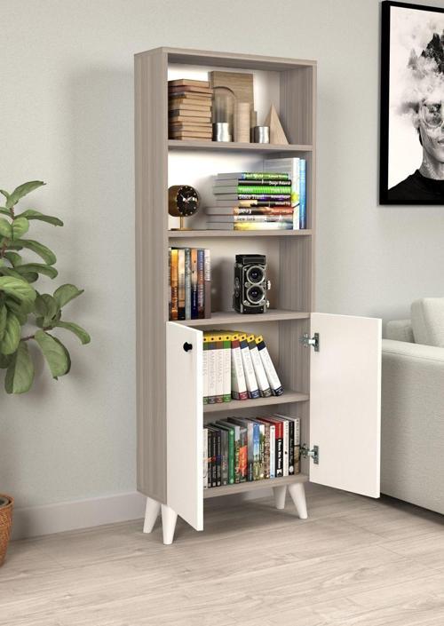 Kitaplık Cordoba - Parlak Beyaz 5 Raflı Kapaklı Kitaplık