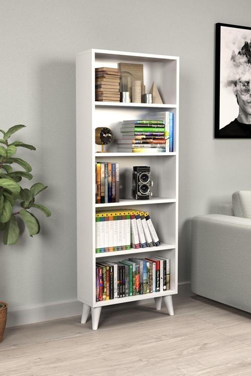 Kitaplık Cordoba - Parlak Beyaz 5 Raflı Kapaklı Kitaplık