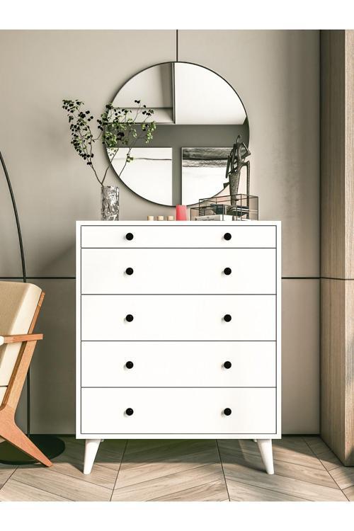 Şifonyer Parlak Beyaz 5 Çekmeceli Country Şifonyer Komodin Ahşap