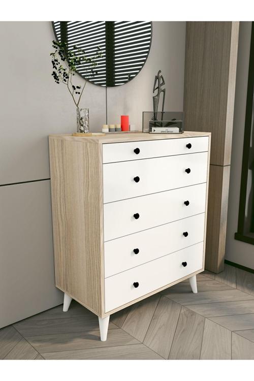 Şifonyer Cordoba Parlak Beyaz-Kahverengi 5 Çekmeceli Country Şifonyer Komodin Ahşap