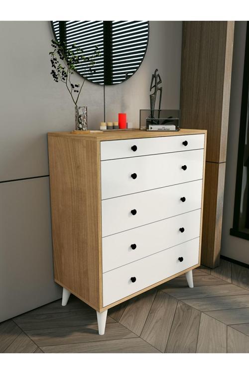 Şifonyer Marbella Parlak Beyaz-Kahverengi 5 Çekmeceli Country Şifonyer Komodin Ahşap