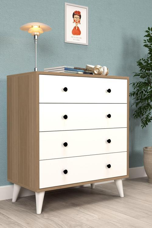 Şifonyer Marbella Parlak Beyaz-Kahverengi 4 Çekmeceli Country Şifonyer Komodin Ahşap