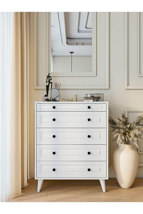 Şifonyer Parlak Beyaz 5 Çekmeceli Country Şifonyer