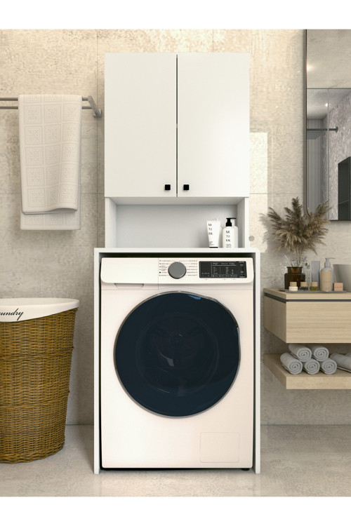Çamaşır Makinesi Üstü Düzenleyici Parlak Beyaz Modern Banyo Dolabı