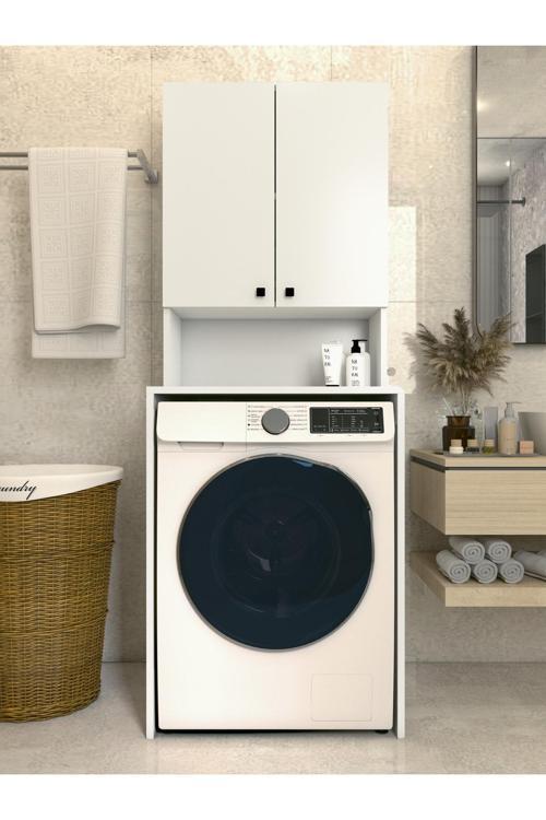 Çamaşır Makinesi Üstü Düzenleyici Parlak Beyaz Modern Banyo Dolabı