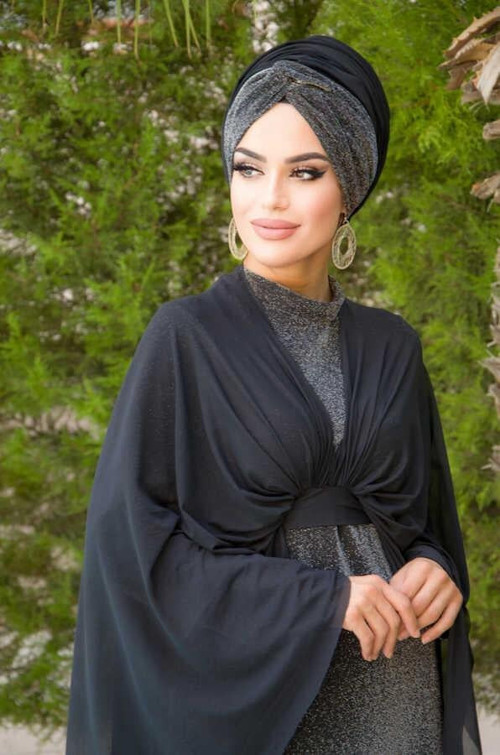 Siyah Antrasit Burgu Simli Abiye Şal