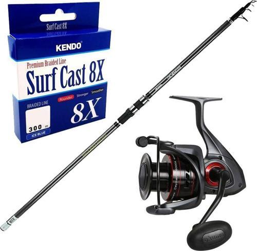 YekOutdoor Surf Olta Seti Okuma Revenger Tele Surf 420 cm 4 Parça Surf Kamışı&Okuma Ceymar C-8000A Dark Grey 7+1BB Olta 