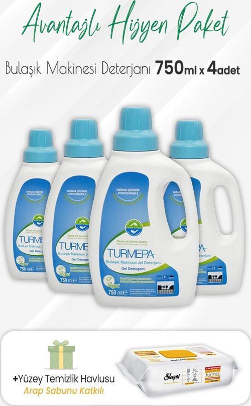 Jel Bulaşık Makinesi Deterjanı 750 ml x 4 Adet ve Arap Sabunlu Yüzey Temizlik 100' lü