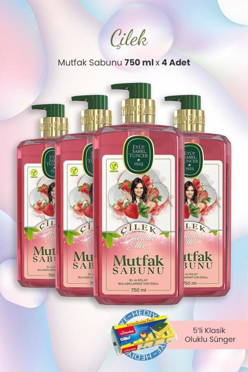 Çilekli Mutfak Sabunu 750 ml x 4 Adet ve Bulaşık Süngeri