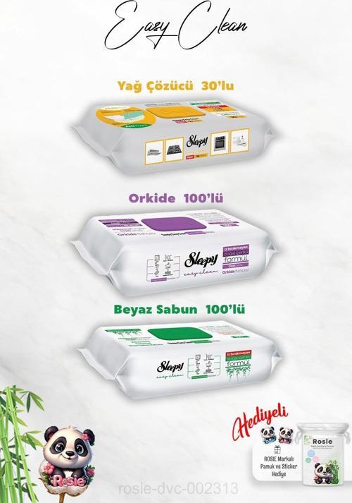 100'lü Orkide ve Beyaz Sabun Katkılı Sleepy, Yağ Çözücü 30'lu Temizlik Havlusu ve Rosie Hediye