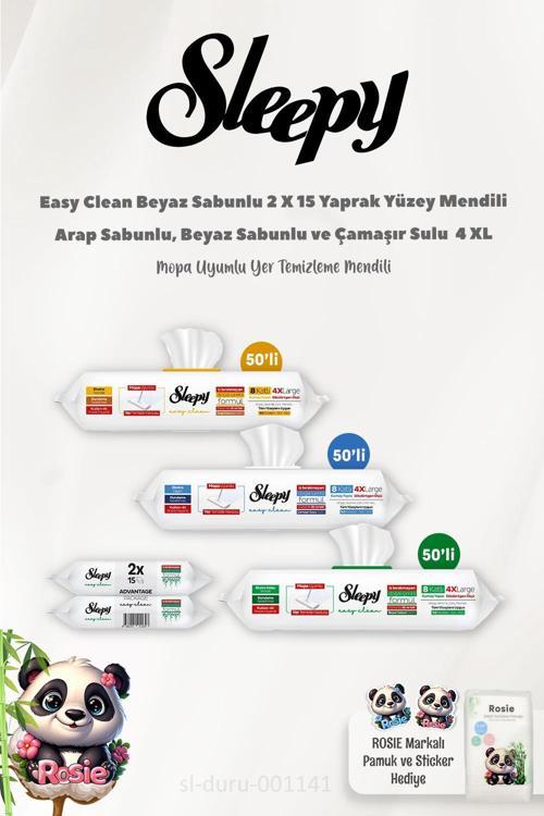 Arap Sabunu,Çamaşır Suyu, Beyaz Sabun Katkılı 4  XL Yer Temizlik Havlusu 50 Yaprak,Sleepy Easy Clean 15x2 ve ROSI