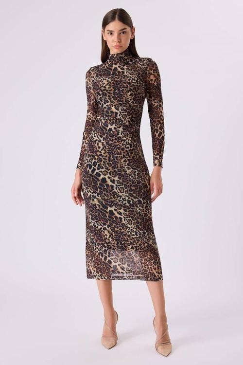 Leopar Desenli Tül Kadın Elbise 342116009