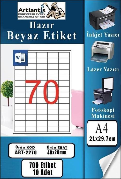 A4 Hazır Etiket 40x20 mm 10 Sayfa 1 Paket 70 li Kendinden Yapışkanlı Fotokopi Lazer İnkjet Kağıdı Yazıcılar İçin Uyumlu