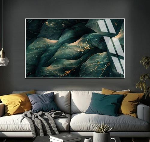 Zümrüt Yeşil - Gold Soyut Yapraklar Şekil 01 Çerçeveli Temperli Cam Tablo Tekli Yatay