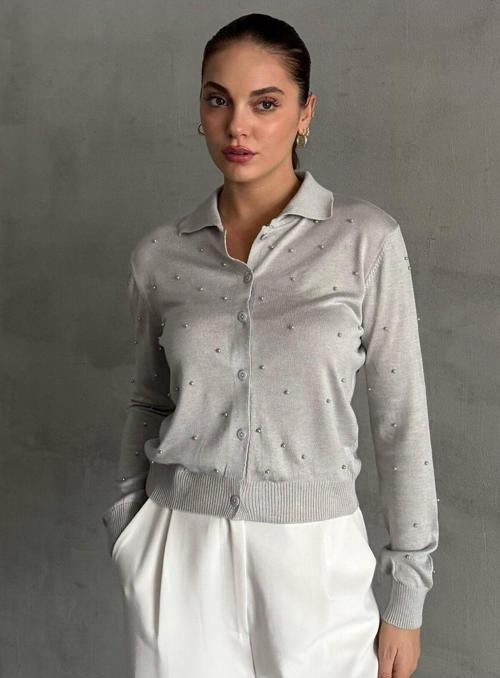 Gri Polo Yaka Mini Topçuklu Hırka -4560