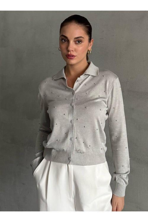 Gri Polo Yaka Mini Topçuklu Hırka -4560