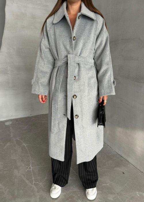 Gri Winter Kuşaklı Arkadan Yırtmaşlı Kaban-54492