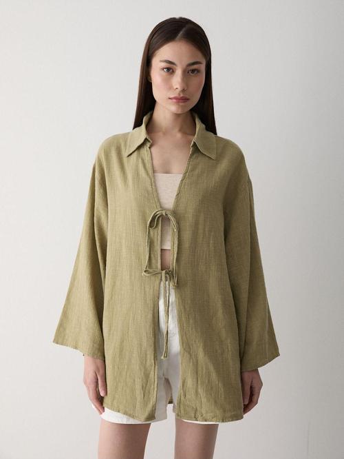 Haki %100 Keten Bağcık Detaylı Kimono Bluz