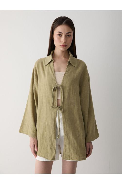 Haki %100 Keten Bağcık Detaylı Kimono Bluz