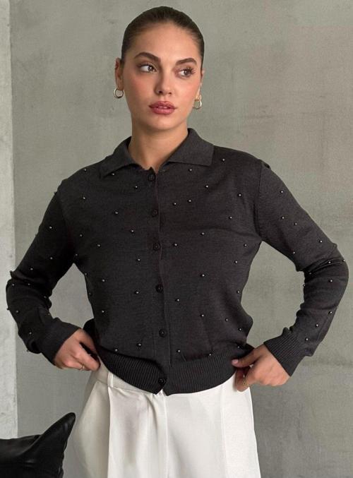 Antrasit Polo Yaka Mini Topçuklu Hırka -4560