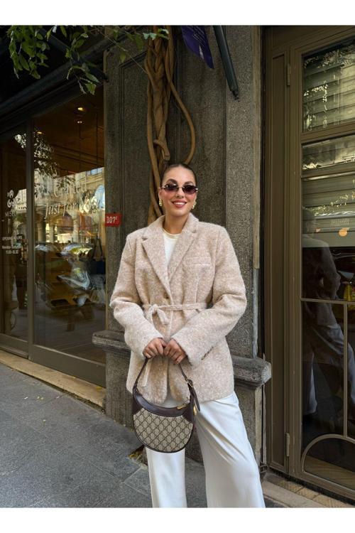 Bej Buklet Kemerli Kaşe Blazer Ceket - 7368