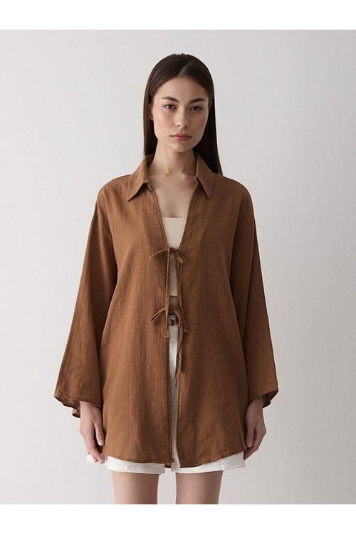 Kahve %100 Keten Bağcık Detaylı Kimono Bluz