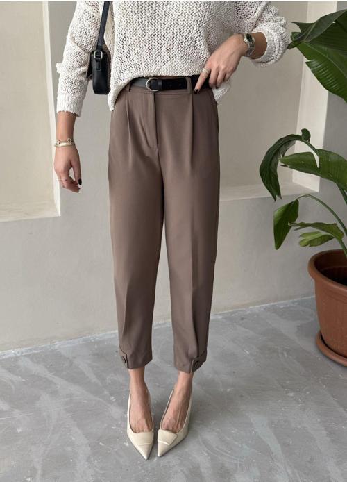 Kahve Ruby Paçası Düğmeli Pantolon-3520