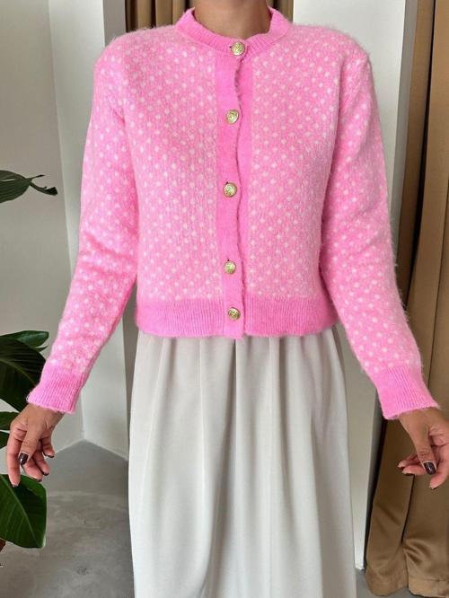 Şeker Pembe Desenli Gold Düğmeli Hırka-4468