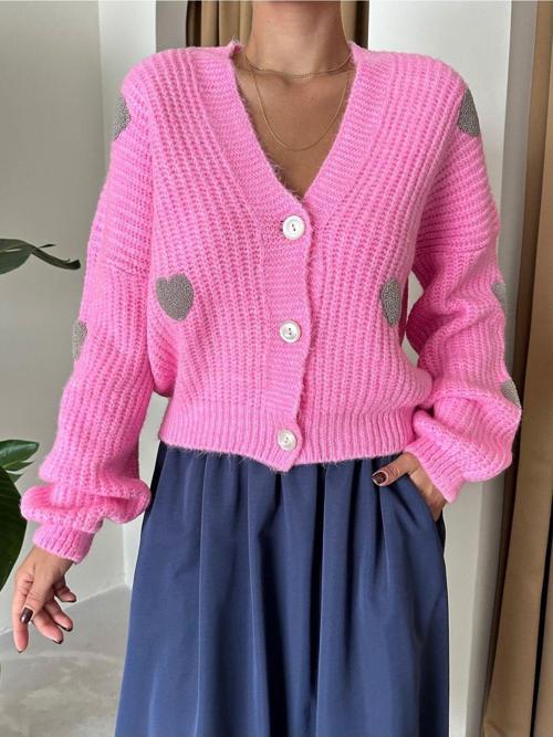 Şeker Pembe Gri Kalpli Triko Hırka-4422
