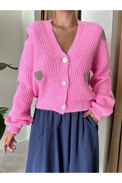 Şeker Pembe Gri Kalpli Triko Hırka-4422
