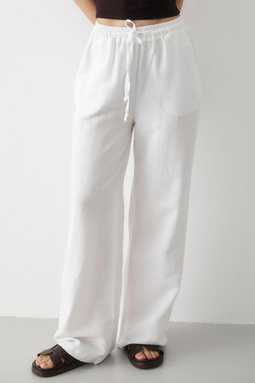 Beyaz Beli Lastikli Pamuklu Keten Pantolon - 3490