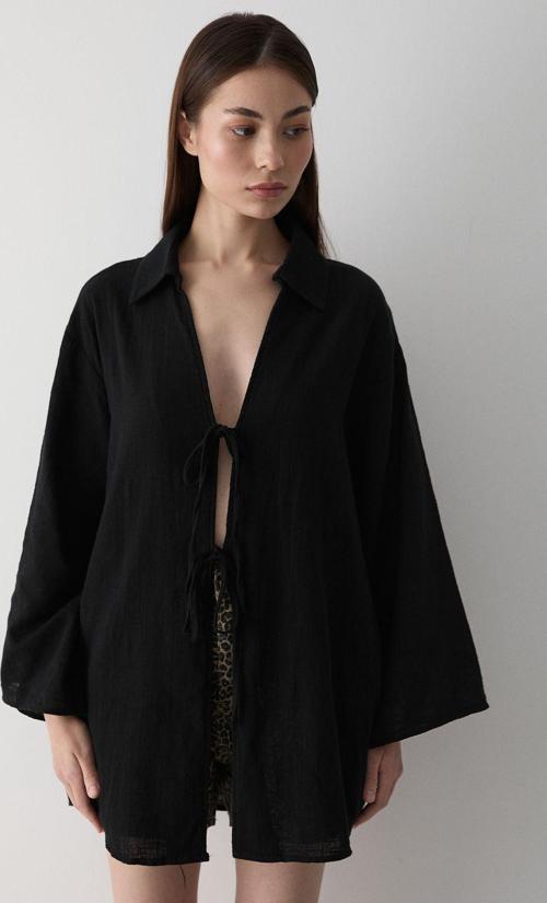 Siyah %100 Keten Bağcık Detaylı Kimono Bluz