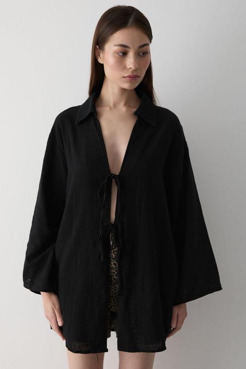 Siyah %100 Keten Bağcık Detaylı Kimono Bluz