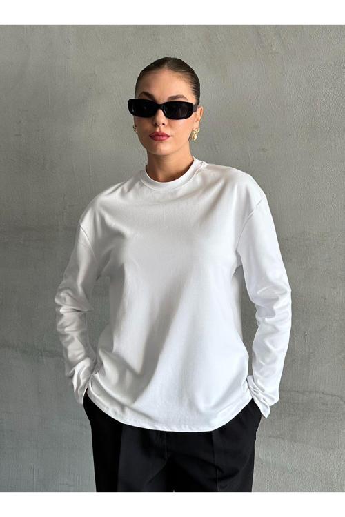 Beyaz Uzun Kollu Geniş Tshirt - 24151