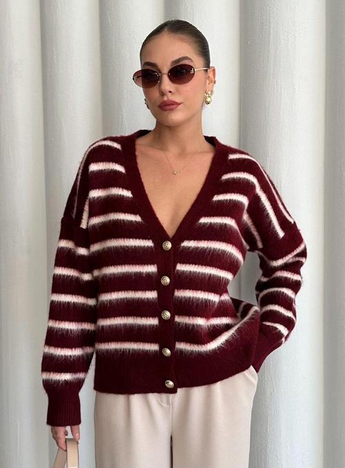 Bordo - Ekru Yumoş Enine Çizgili Hırka - 4584