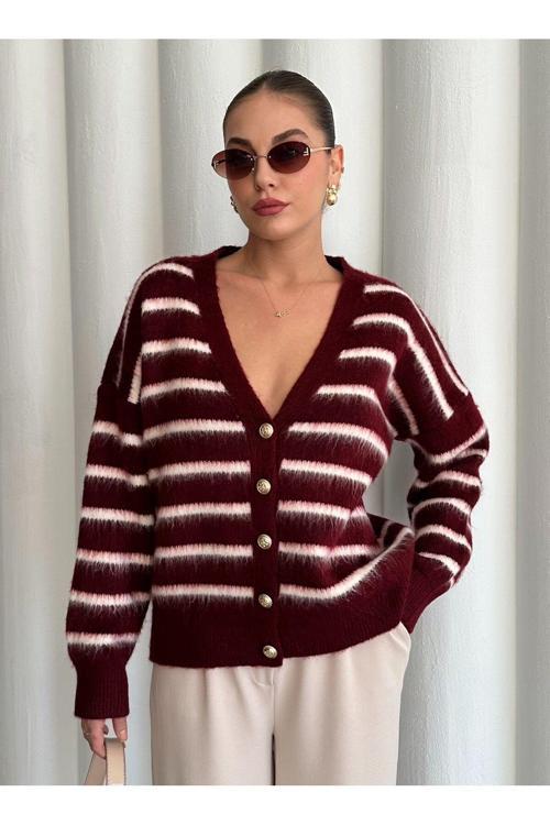 Bordo - Ekru Yumoş Enine Çizgili Hırka - 4584