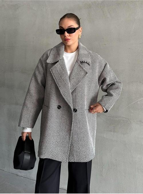 Siyah 1. Sınıf Kalite Balık Sırtı Oversize Kaşe Kaban